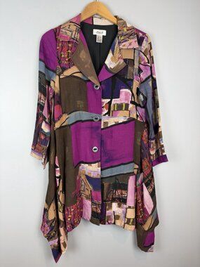 Anis A Colorful Jacket Blazer Womens Size Large Longline Lagenlook Lightweight